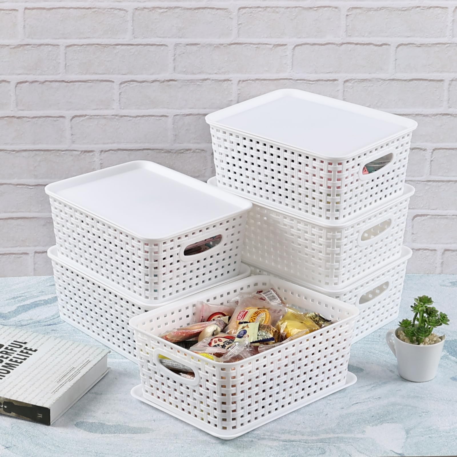 Obstnny Lidded Storage Basket Set of 6, Small Kitchen Cupboard Baskets