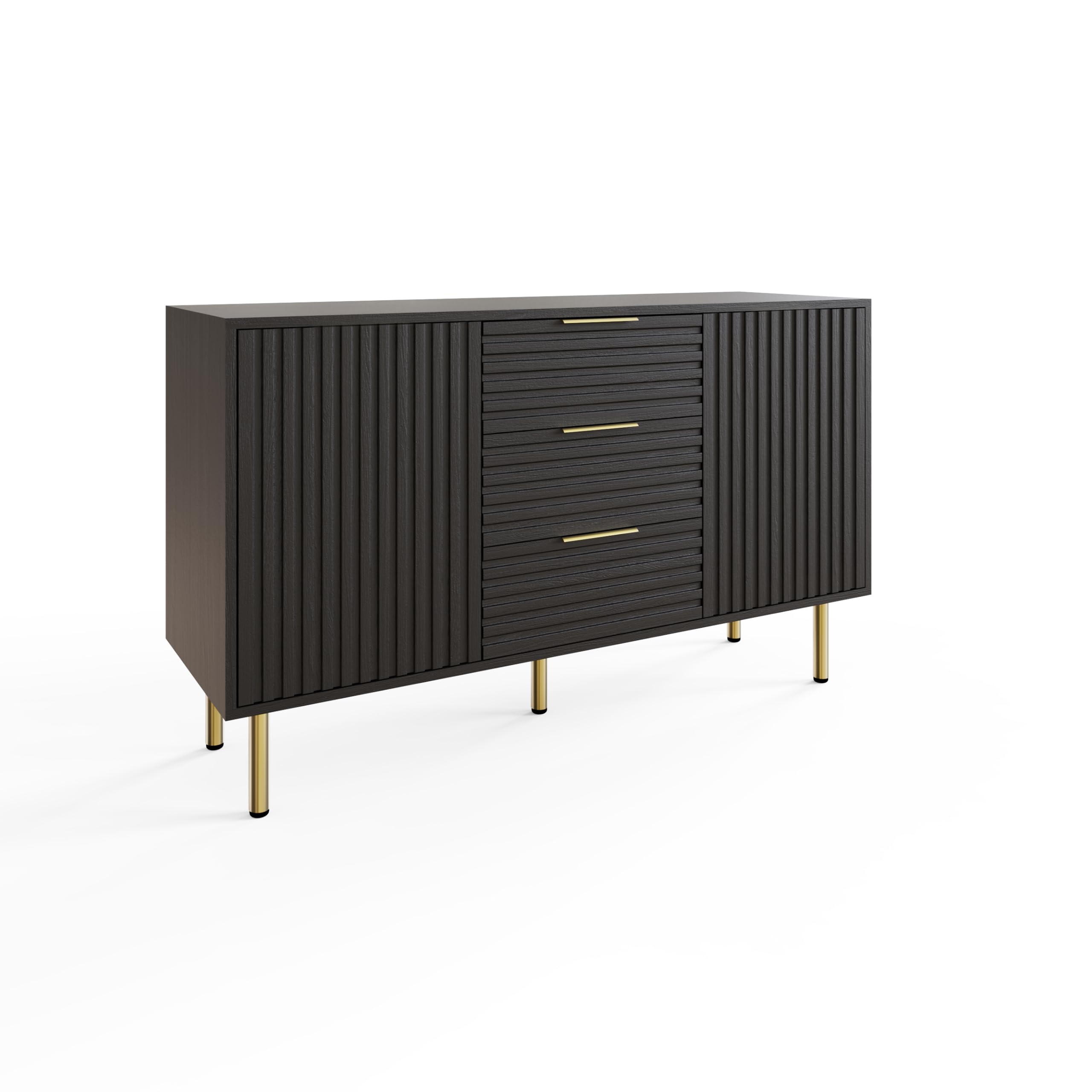 GFW Nervata Sideboard, Black Storage Cabinet with 3 Drawers and 2 Doors, Art Deco Style Sideboard with Gold Accents and Wood Grain Texture for Living
