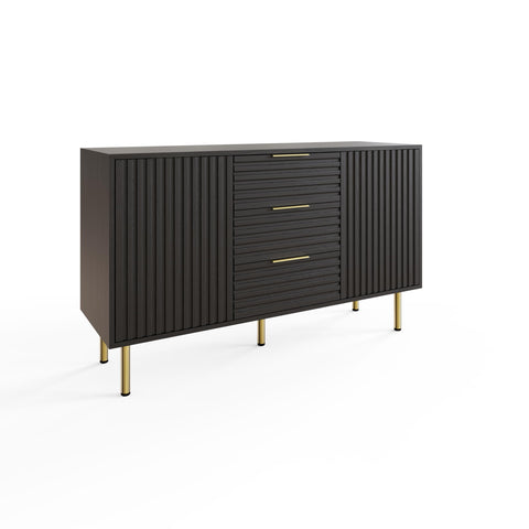 GFW Nervata Sideboard, Black Storage Cabinet with 3 Drawers and 2 Doors, Art Deco Style Sideboard with Gold Accents and Wood Grain Texture for Living