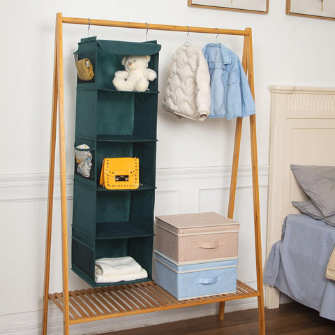 BrilliantJo Hanging Wardrobe Closet Organiser Storage with 5 Shelves, Storage hanging Shelves Unit with 6 Pockets for Clothes