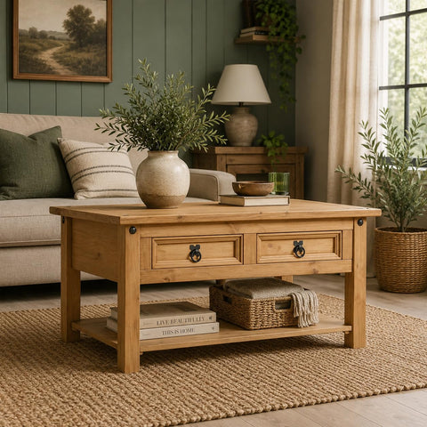 Corona Coffee Table 2 Drawer Mexican Solid Pine Wood Occasional