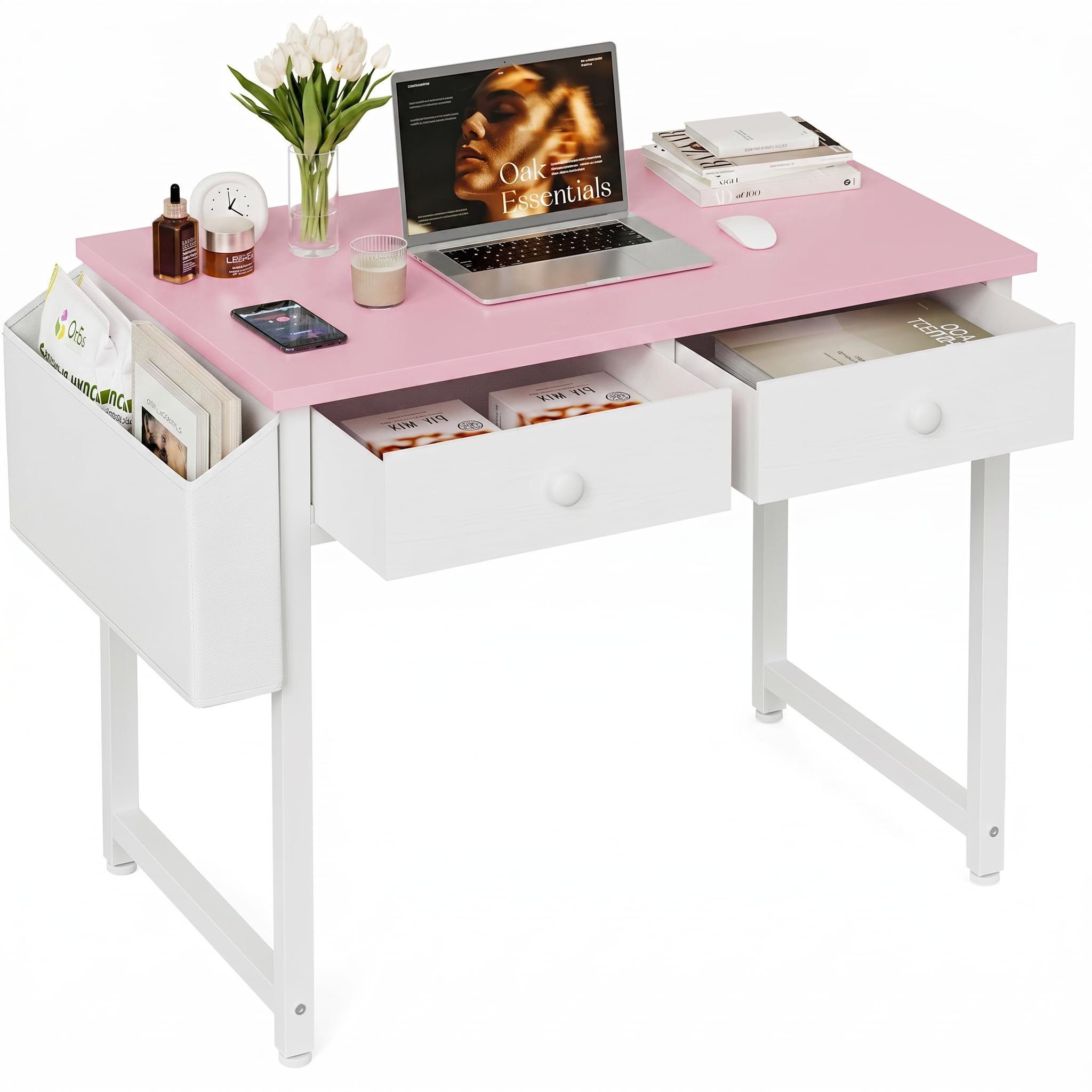 Grandder Small Computer Desk with 2 Fabric Drawers, 80 x 40 cm Home Office Desk with Storage Bags and Drawers