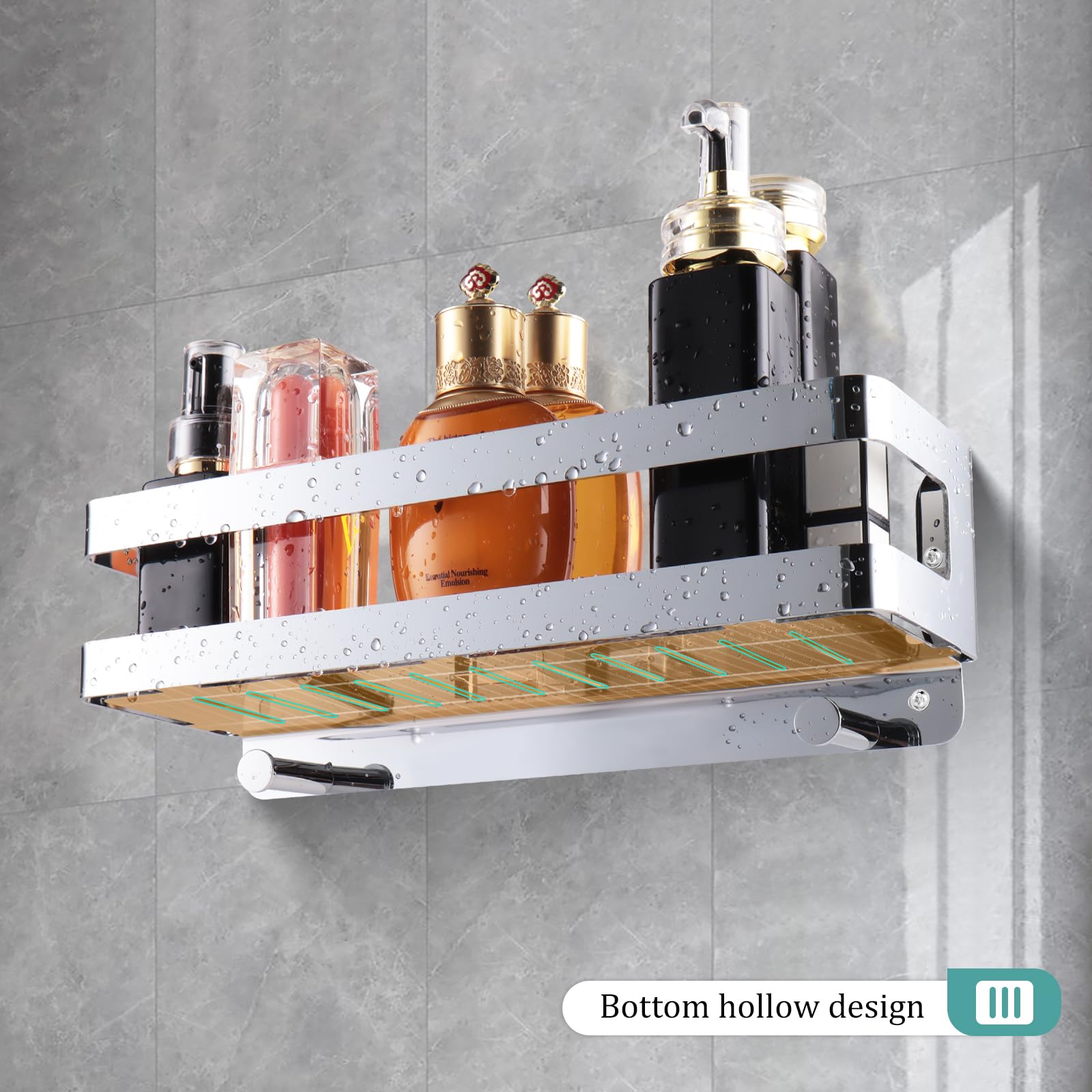 RYing Shower Caddy,Wall Mounted Shower Shelf with Hooks, Stainless Steel lavatory Organiser for Shampoo and Bath Gel,Chrome (30cm)