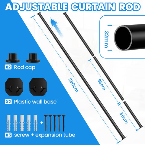 Extendable Φ32mm Curtain Poles 98-290cm Tension Rods with 2 Wall Base