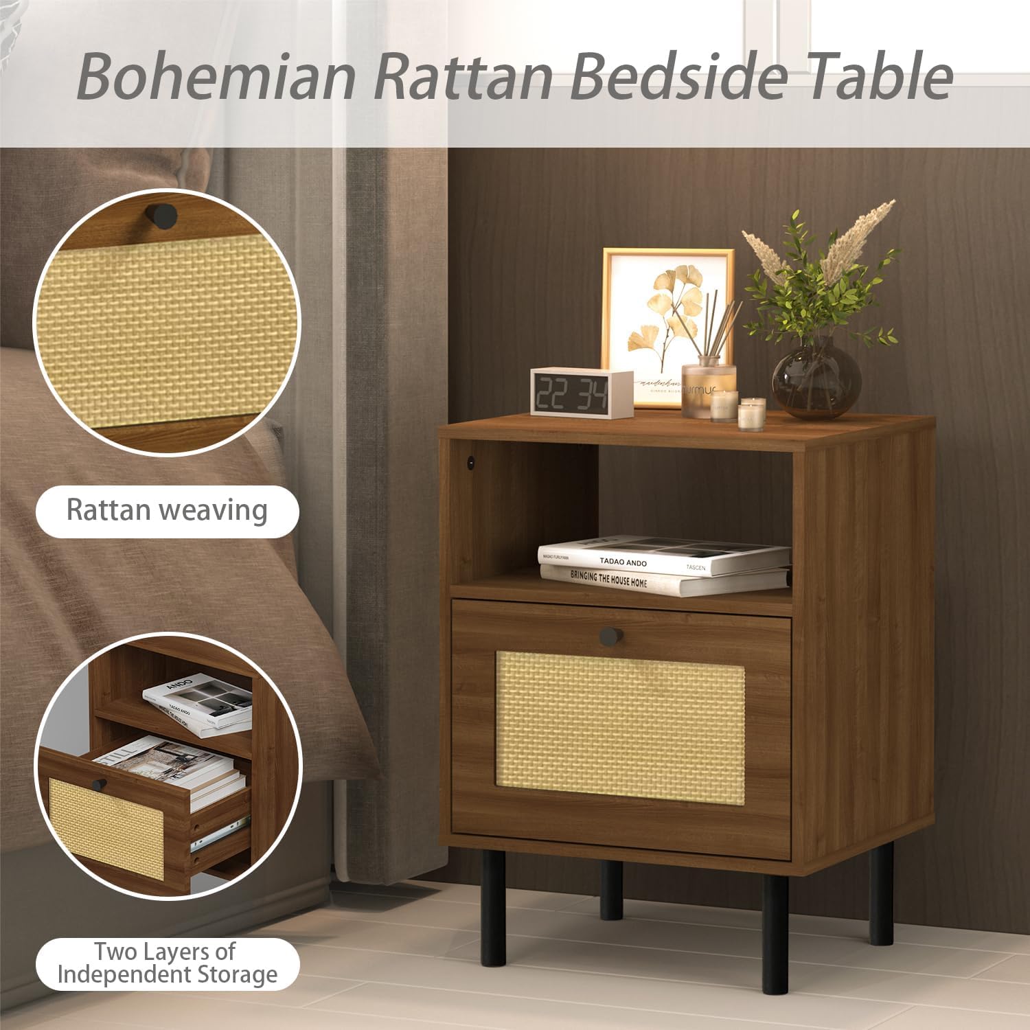 Bedside Table, Boho Farmhouse Walnut Rattan Nightstand with Drawers
