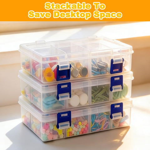 3 Pcs Plastic Storage Boxes with Lid, Organiser with 8 Grids Adjustable Dividers, Jewellery Organizer Box