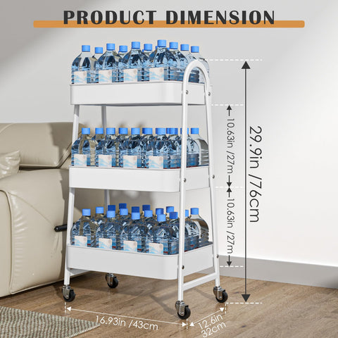 StowBin 3 Tier Metal Storage Trolley with Wheels – Rolling Utility Cart with Handle and Mesh Shelves for Kitchen, Bathroom, Office – White