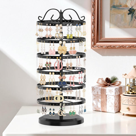 iDavosic.ly 6 Tier Metal Rotating Earring Holder Organizer, 264 Holes Earring Storage Display Tower Rack, Adjustable Earring Tree Organizer for Women