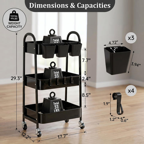 danpinera 3-Tier storage trolley, Metal storage cart with Lockable Wheels & Hanging Cups & Hooks, storage trolley on wheels for bathroom, kitchen