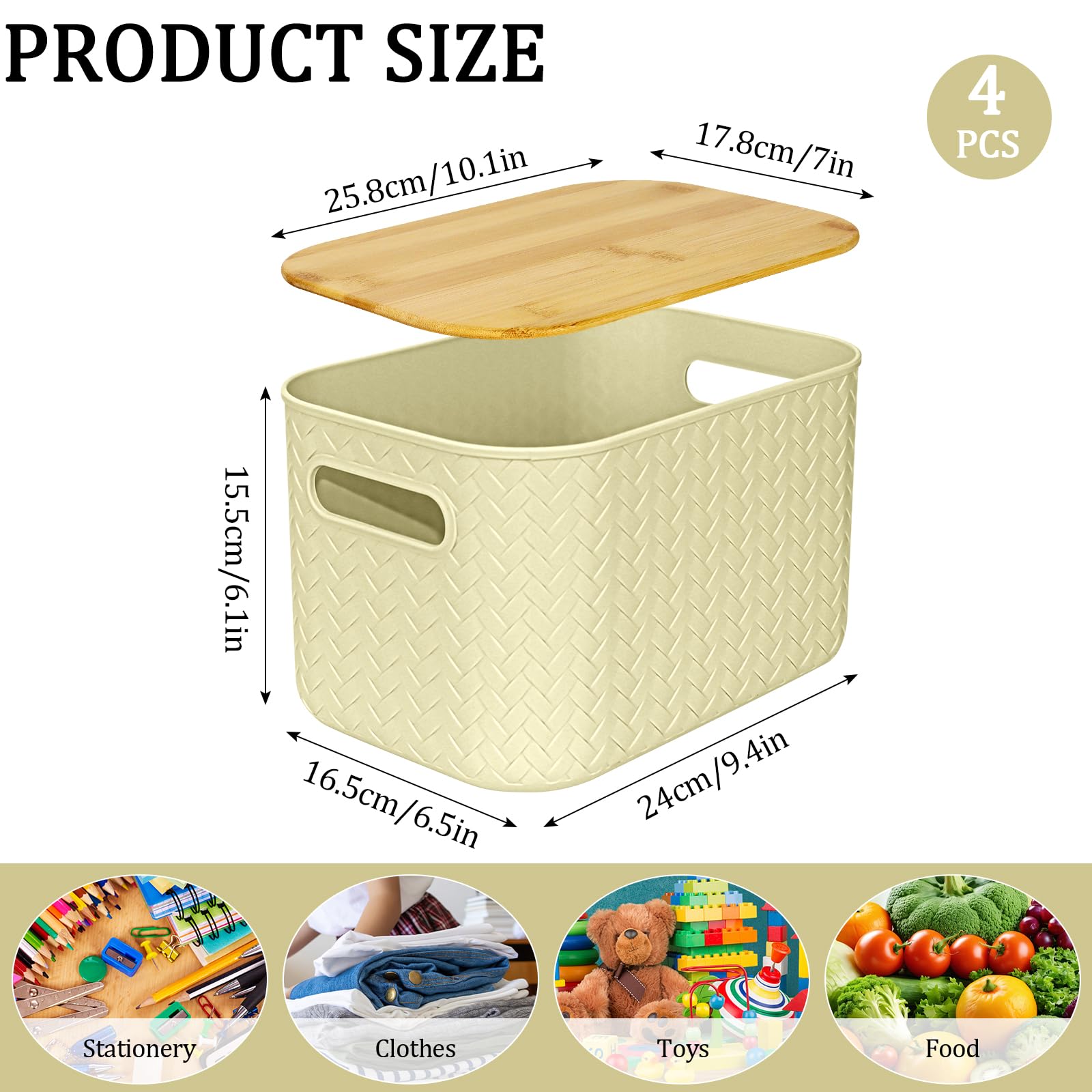 XJGQZ Plastic Storage Boxes with Wooden Lids, 4-Pack Stackable Organisers