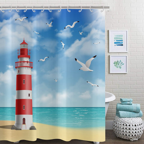 Hnmdmyi Lighthouse Shower Curtain 180x220, Ocean Beach Seagull Blue Sky White Clouds Scenery Bathroom Curtains with Hooks Waterproof Polyester Fabric