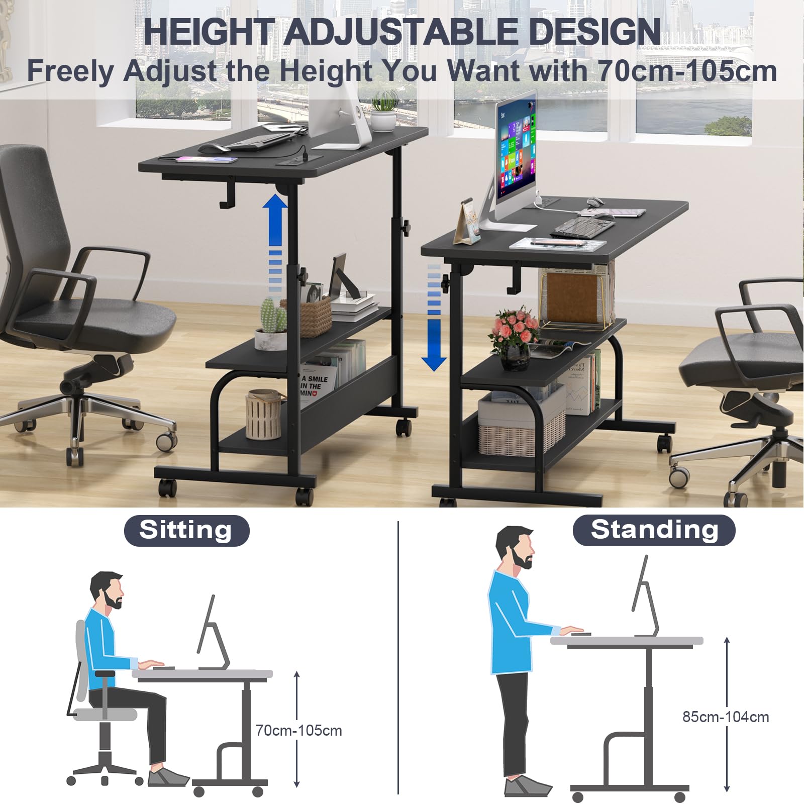 iSunirm Standing Desk with Power Outlets & USB, Height Adjustable Desk (70-104cm) on Wheels, Small Portable Computer Desk for Home Office