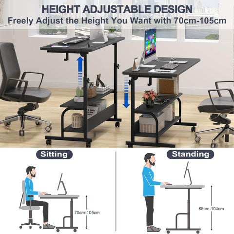 iSunirm Standing Desk with Power Outlets & USB, Height Adjustable Desk (70-104cm) on Wheels, Small Portable Computer Desk for Home Office