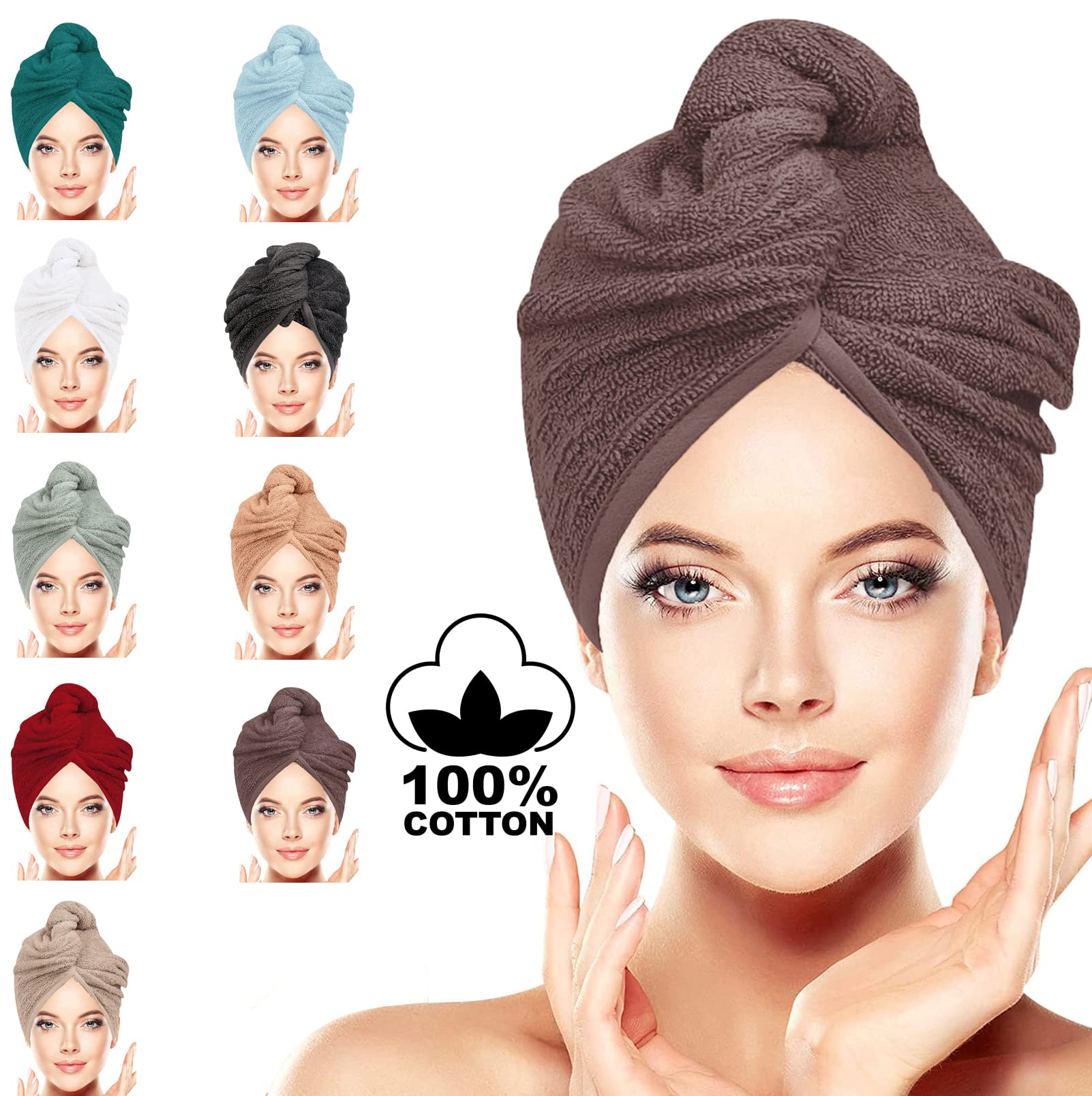 BAVIN LUXURY Hair Towel Wrap 100% Cotton, Instant Drying Lightweight Turban Cap Super Quick Absorbent Anti-Frizz Twist Toweling Dry Hat with Button