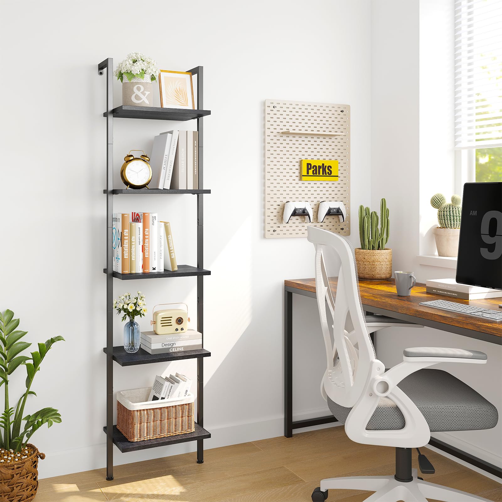ELYKEN Slim Leaning Ladder Shelf Wall Mounted Wooden Narrow Shelf Unit