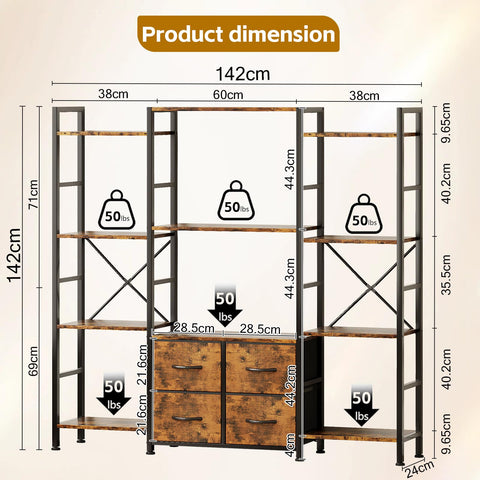 VERMESS 142W x142H cmTriple Book Shelf, 4 Tier Industrial Bookshelf for Home & Office, Large Shelving Unit with 4 Adjustable Fabric Drawers