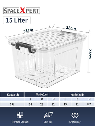 SpaceXpert Plastic Storage Boxes with Lid, Striped Storage Box 15L, Stackable Container for Home Office Accessories, Clear Bins, Polypropylene