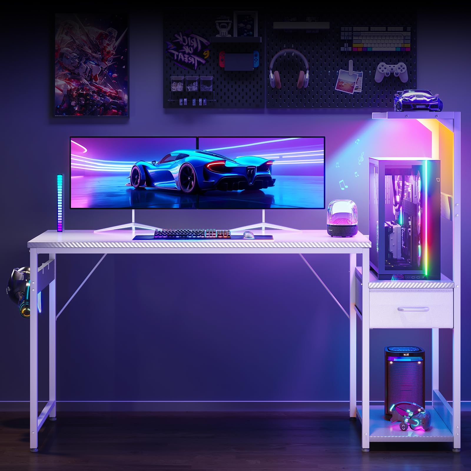 Coleshome 138×48 cm Gaming Desk with LED Lights, Carbon Fiber White