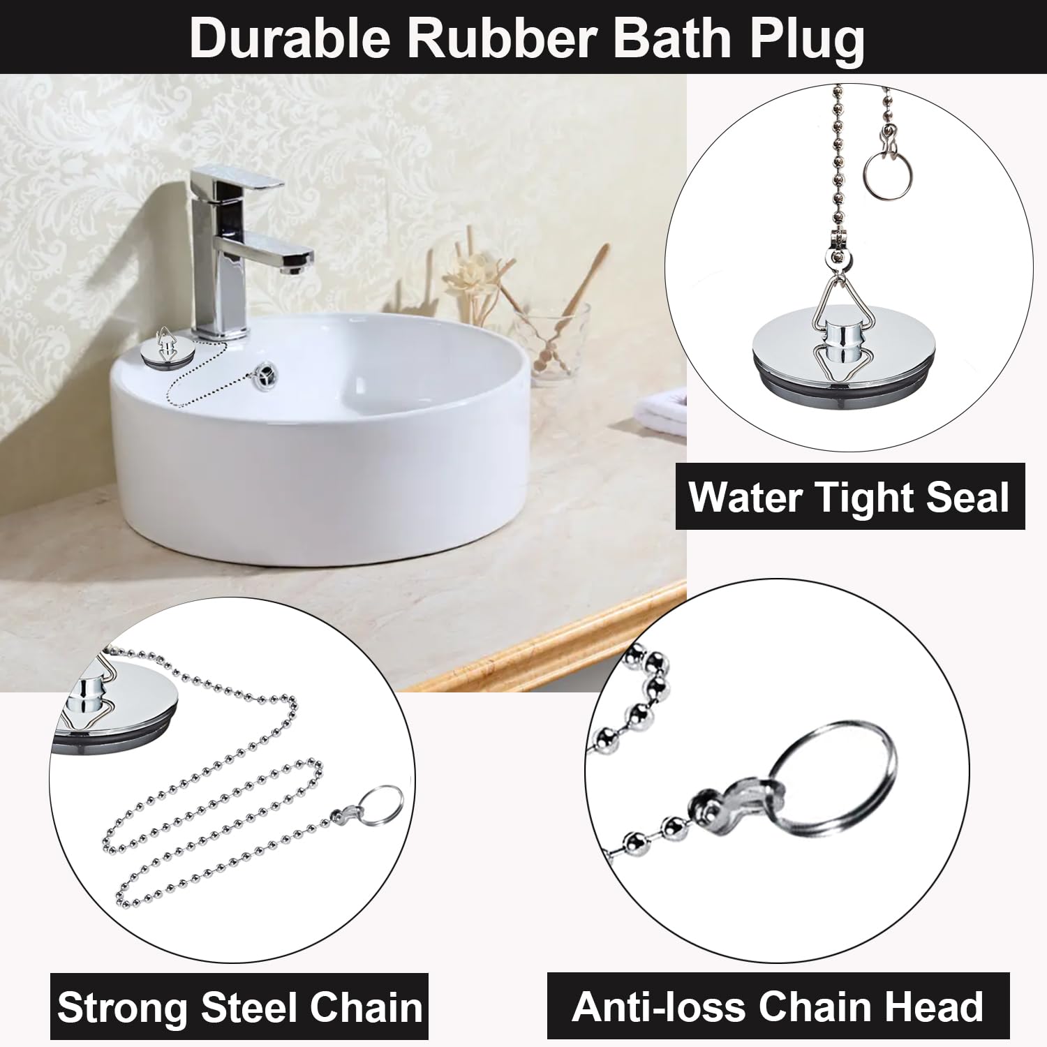 2 Pack Tomario Chrome Bath Plug, 450mm Stainless Steel Ball Chain Hook Pedestal Bathroom Sink Plug for Kitchen Bath Sink Drain Stopper Plug