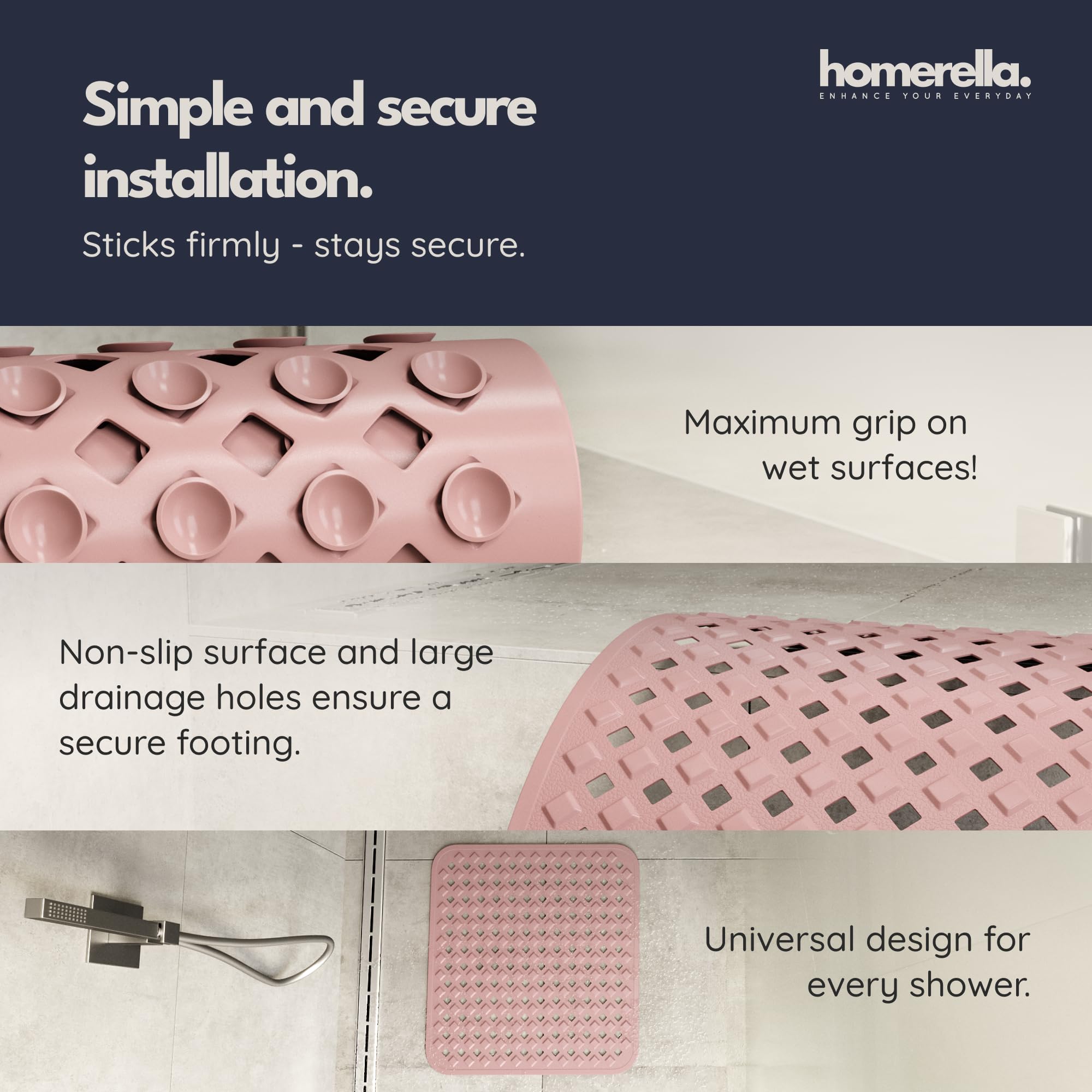 homerella Shower Mat Non Slip Anti Mould 53x53cm, Incl. Hooks for Drying