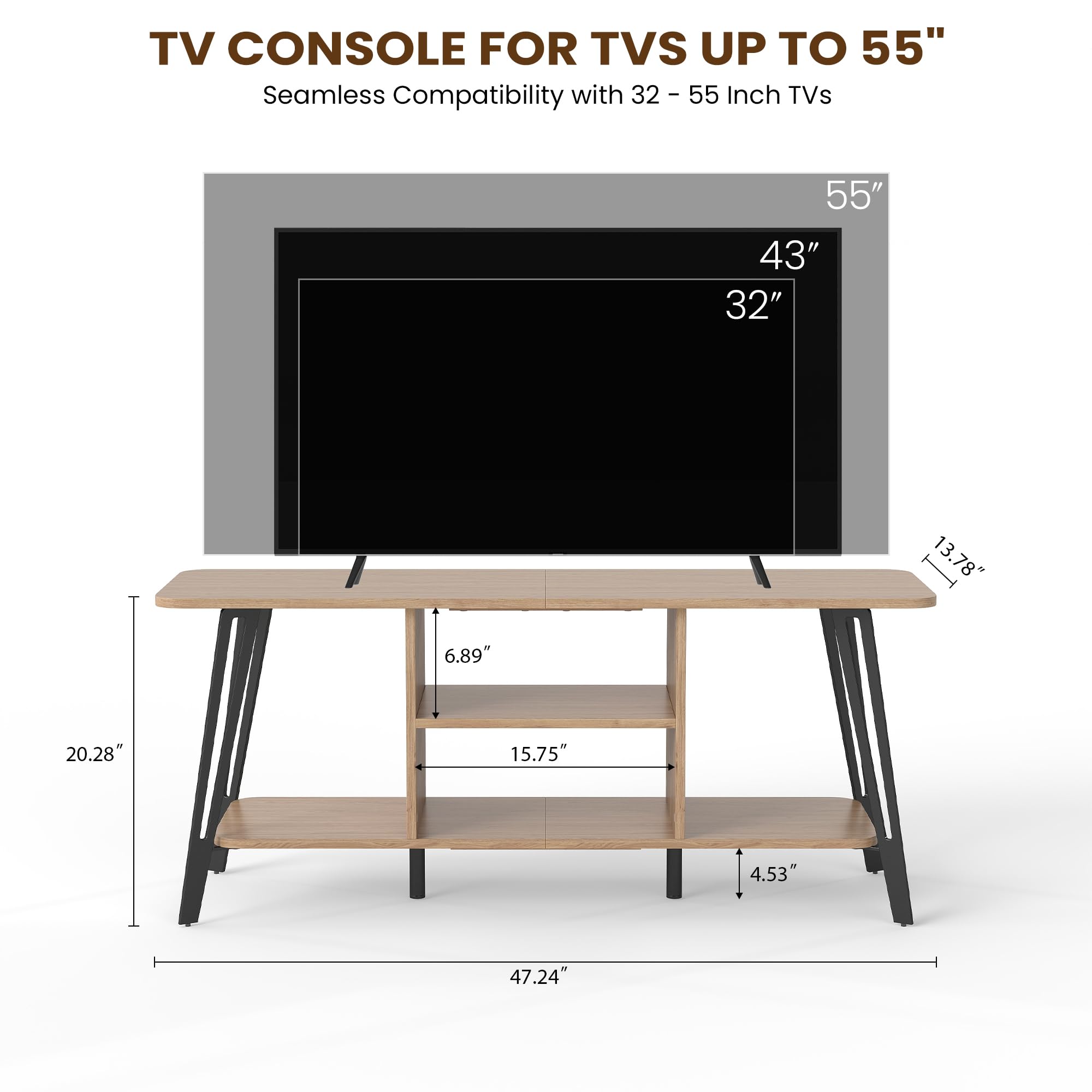 Manora Curved Metal Frame TV Stand with 2-Tier Middle Storage Compartment (Bright brown)