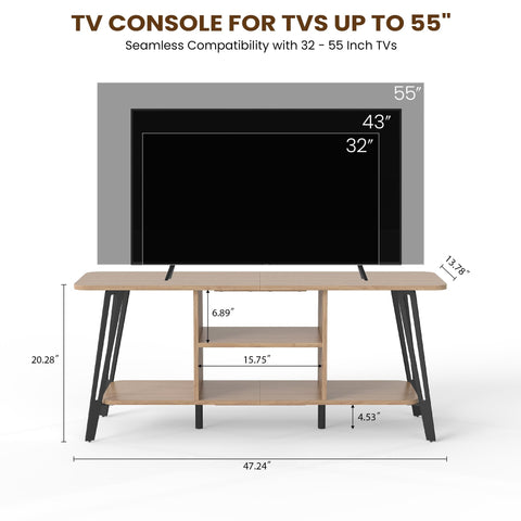 Manora Curved Metal Frame TV Stand with 2-Tier Middle Storage Compartment (Bright brown)