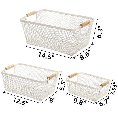 Noamus 3 Pack Metal Mesh Baskets with Wood Handle, Iron Storage Organizer Basket, White Wire Countertop Baskets for Organizing