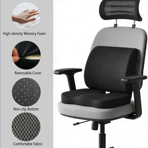 Seat Cushion & Lumbar Support Pillow, Memory Foam Coccyx Cushion for Tailbone Pain Sciatica Hemorrhoid Bum Lower Back Pain Relief