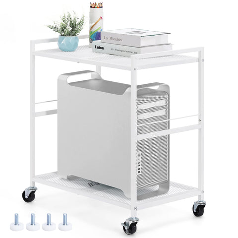 YBING Computer Tower Stand White PC Tower Stand 2 Tier CPU Holder Stand with Wheels Metal Mobile Computer Tower Cart Rolling PC Stand Floor for Fax