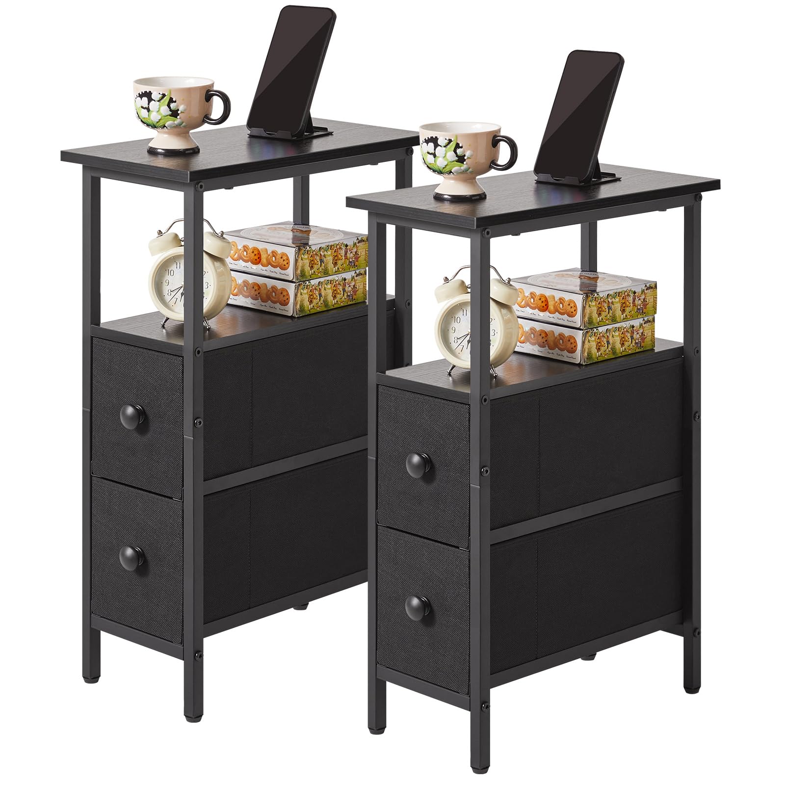 YMYNY Narrow Side Table Set of 2, Slim Bedside Table with 2 Fabric Drawers, Nightstand for Small Spaces