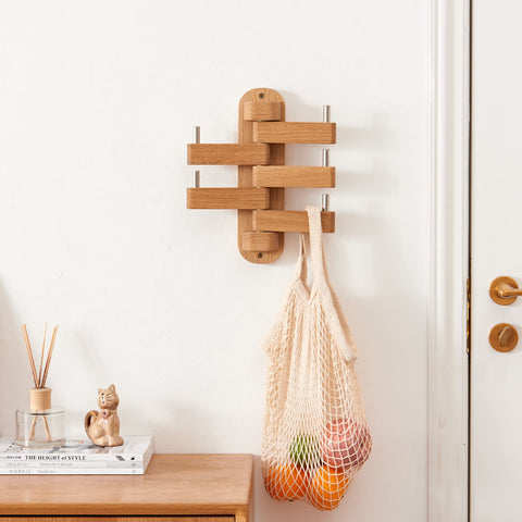 Swivel Coat Rack, Solid Oak Wood Coat Hooks with 5 Swivel Foldable Arms