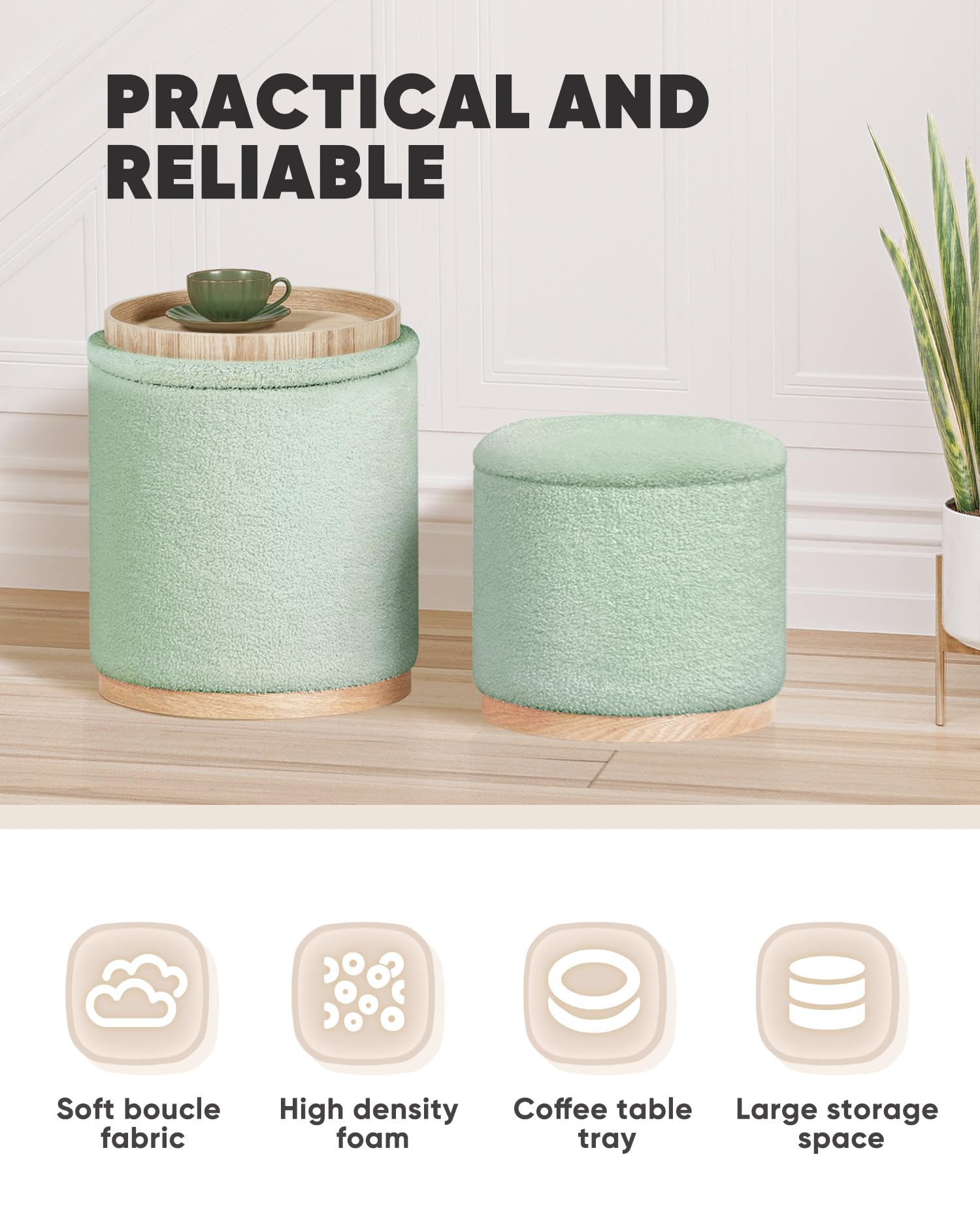 Bonlife Set of 2 Round Ottoman with Tray, Vanity Stool with Storage