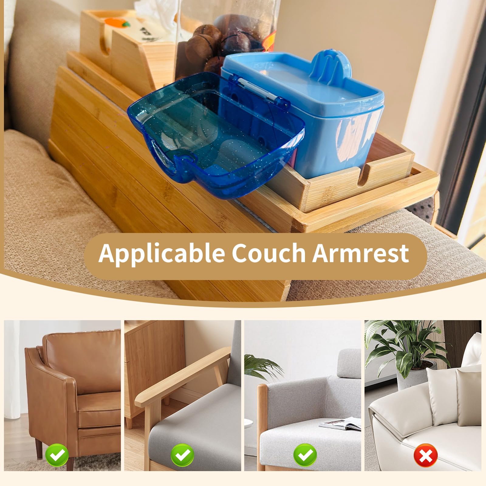 Sofa Arm Tray, cupeohome Foldable Anti-Slip Wooden Couch Armrest Tray with Side Storage Pocket and Phone Holder, Square Sofa Armrest Table for Drinks