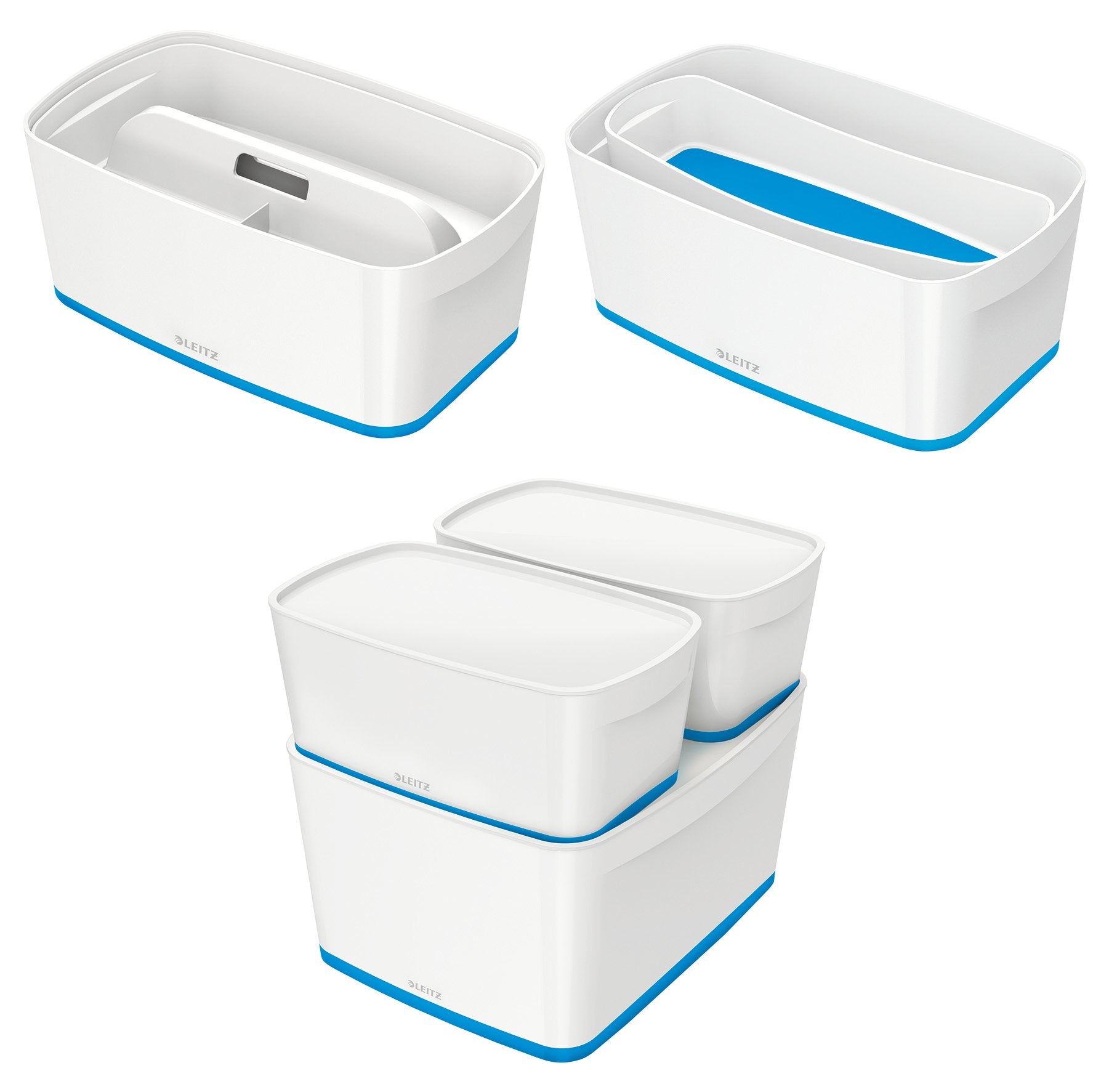 Leitz A5 MyBox Small with Lid, Storage Box for Home and Office, 5 L, High Gloss, Plastic, White/Blue Metallic