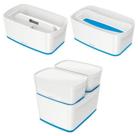 Leitz A5 MyBox Small with Lid, Storage Box for Home and Office, 5 L, High Gloss, Plastic, White/Blue Metallic