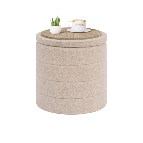 PINPLUS Round Ottoman Storage, Convertible Table, Beige, 43x43x45 cm