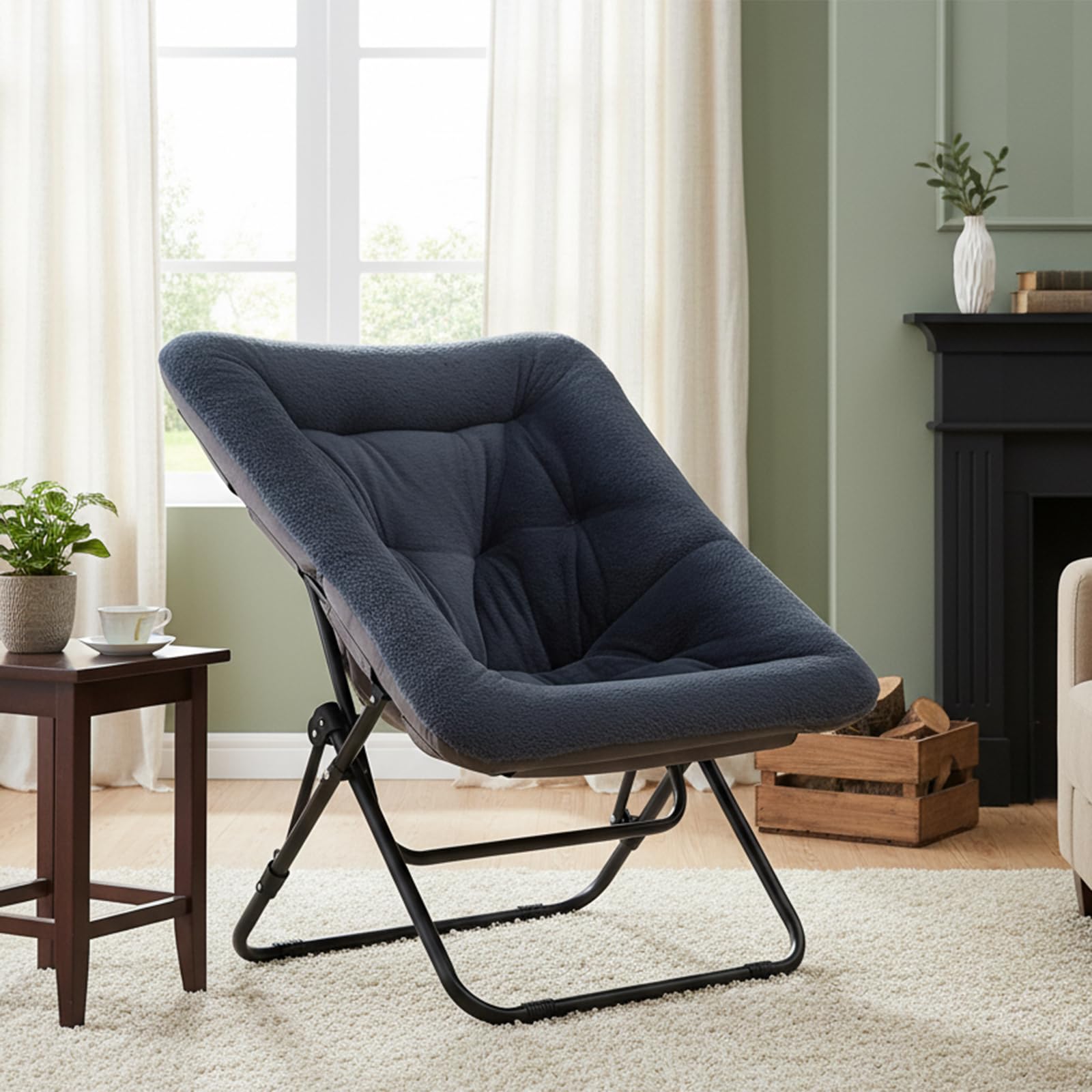 SESHINELL Comfy Saucer Chair, Oversized Foldable Faux Fur Accent Lounge Reading Lazy Chair with Metal Frame for Bedroom, Living Room, Dorm Rooms, Navy