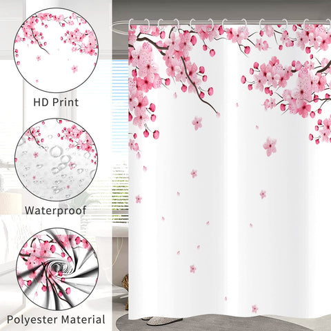 Hnmdmyi Cherry Blossom Shower Curtain 180x200, Pink Floral Shower Curtains Japanese Asian Style Sakura Art Bathroom Curtains with Hooks Waterproof