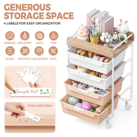 SYKIARIOL 4-Drawer Storage Trolley Rolling Cart, Pearl