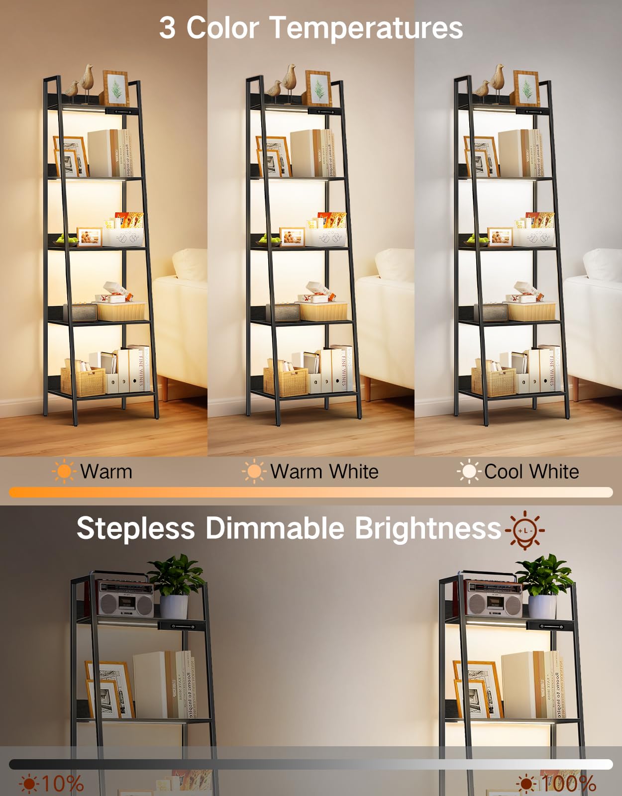 OUTONLIFE 5-Tier Small Ladder Shelf with LED Lights, Touch & Remote Control, 3 Color Temperatures, Dimmable Tall Corner Standing Bookcase