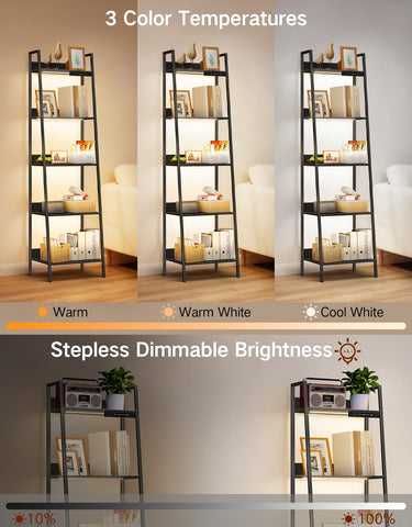 OUTONLIFE 5-Tier Small Ladder Shelf with LED Lights, Touch & Remote Control, 3 Color Temperatures, Dimmable Tall Corner Standing Bookcase