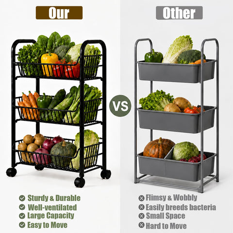 3-Tier Kitchen Trolley on Wheels, Vegetable Storage Rack, Storage Trolley