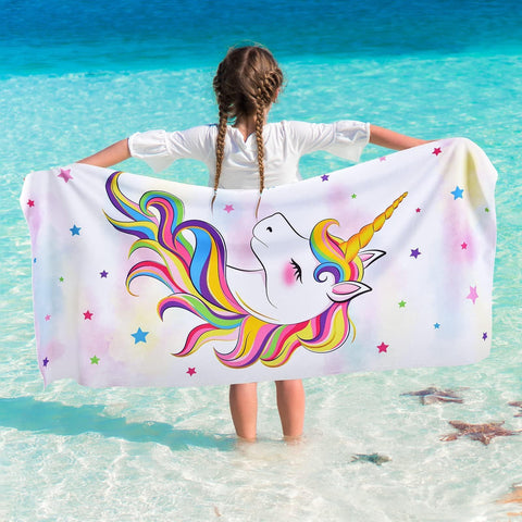 WERNNSAI Unicorn Microfibre Beach Towel for Kids, 76 x 150cm Bath Towel