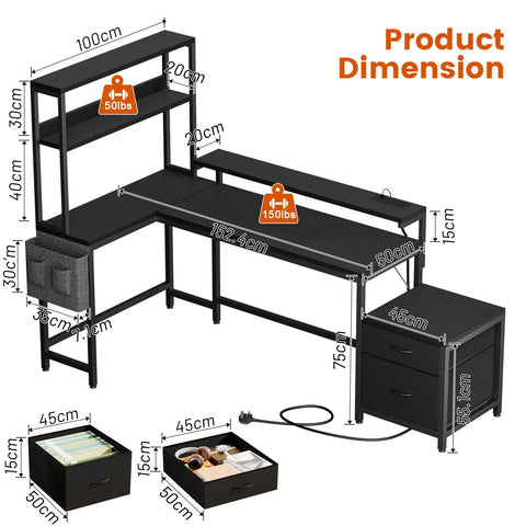 Mossora Carbon Fiber Black Reversible L Shaped Gaming Desk with Drawers