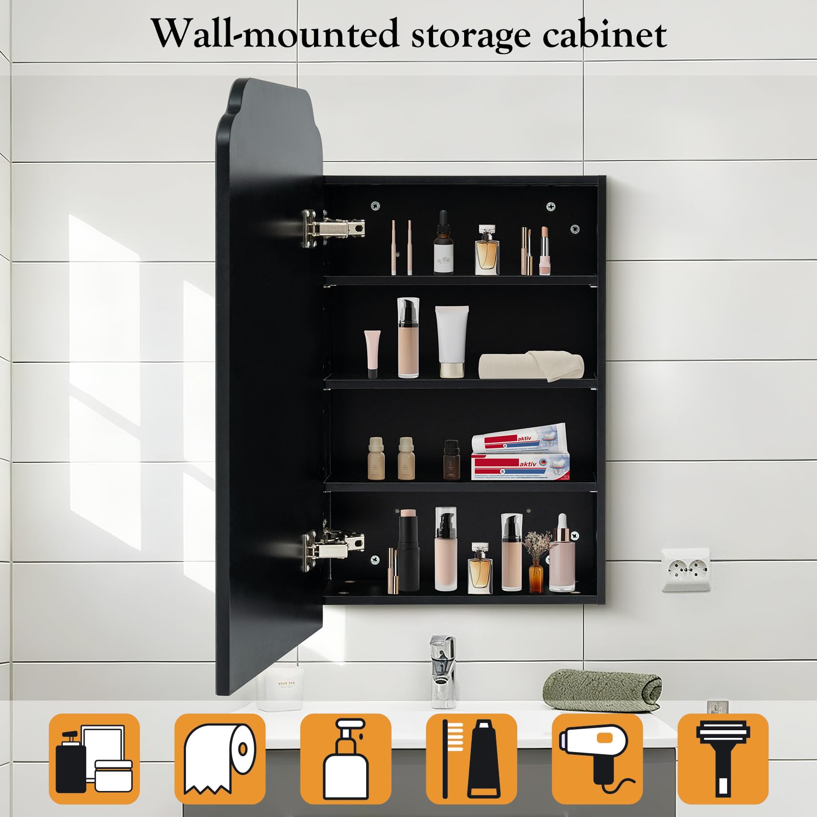 Lumibric Bathroom Cabinets with Mirror, Black Wooden, 73x43.5x15cm