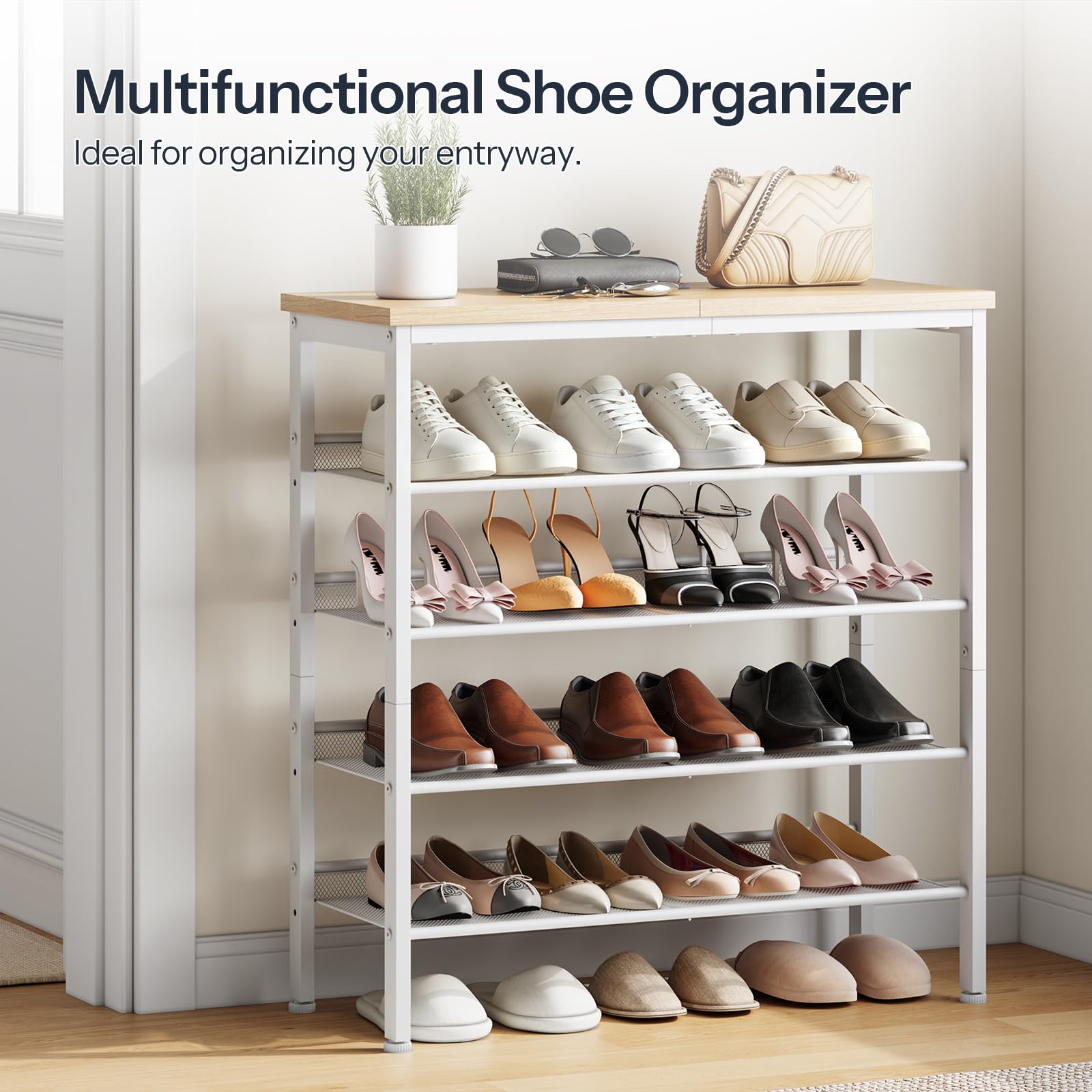 HOOBRO Shoe Rack, 5-Tier Shoe Organizer, Shoe Storage Rack for 16-20 Pairs, Adjustable Mesh Shelves, Shoe Storage Unit for Entryway, Metal Frame