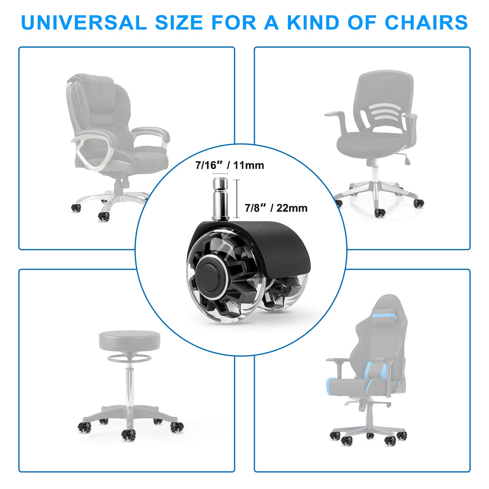 Office Chair Caster Wheels (Set of 5),Heavy-Duty Chair Wheels Support 2200lbs,Mute Rubber Chair Casters for Hardwood Floors and Carpet,2 Inch