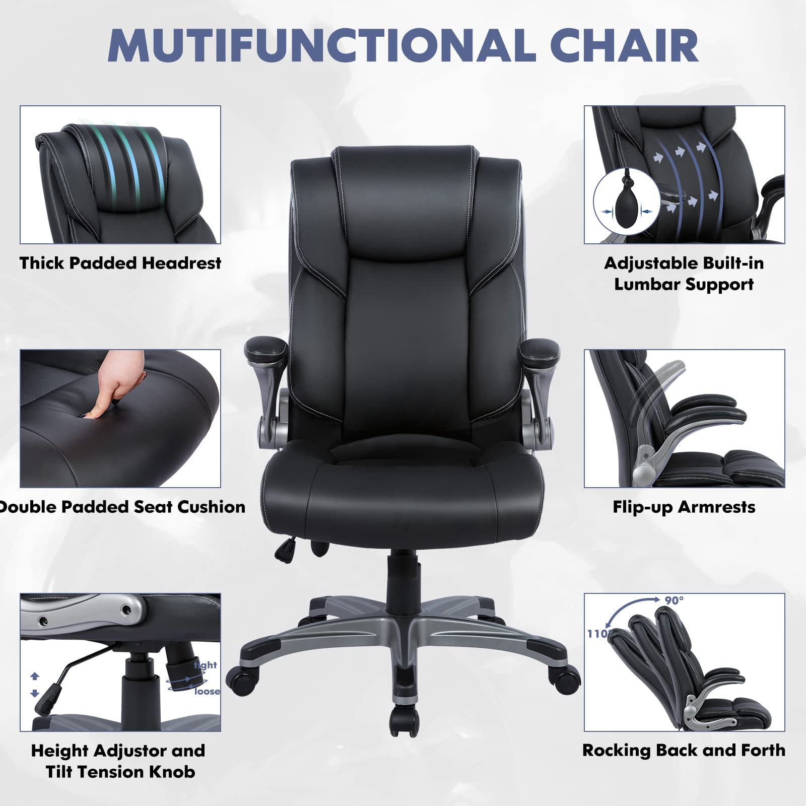 COLAMY High Back Executive Office Chair- Ergonomic Home Computer Desk Leather Chair with Padded Flip-up Arms, Adjustable Tilt Lock