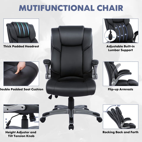 COLAMY High Back Executive Office Chair- Ergonomic Home Computer Desk Leather Chair with Padded Flip-up Arms, Adjustable Tilt Lock