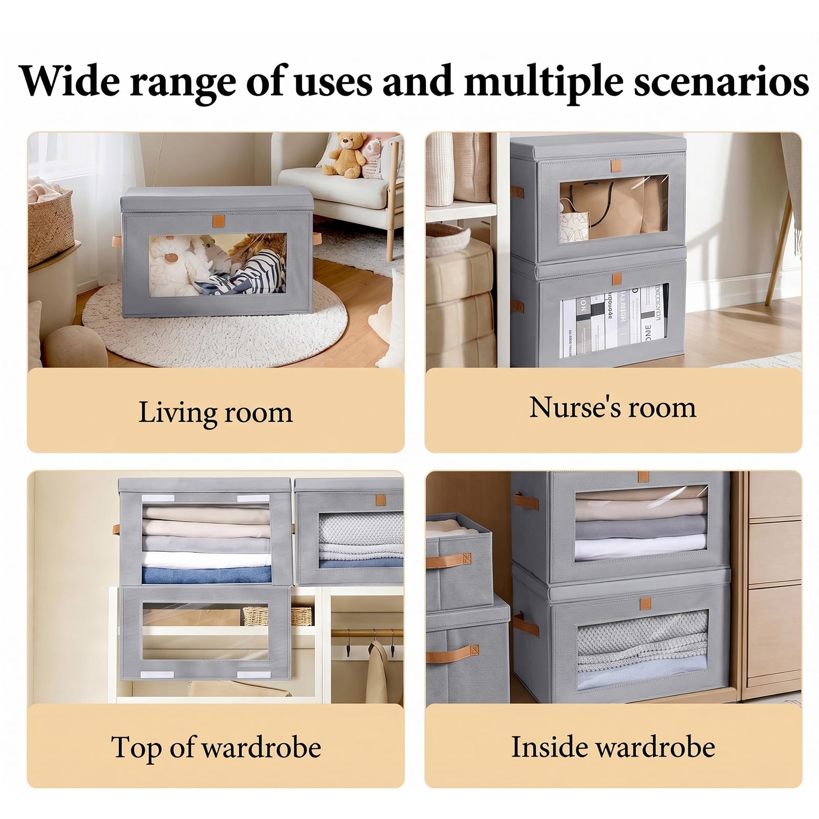 2 Pack Wardrobe Storage Boxes with Lids, Clear Window 37L Large Clothes Storage, Collapsible Storage Box with PU Handles